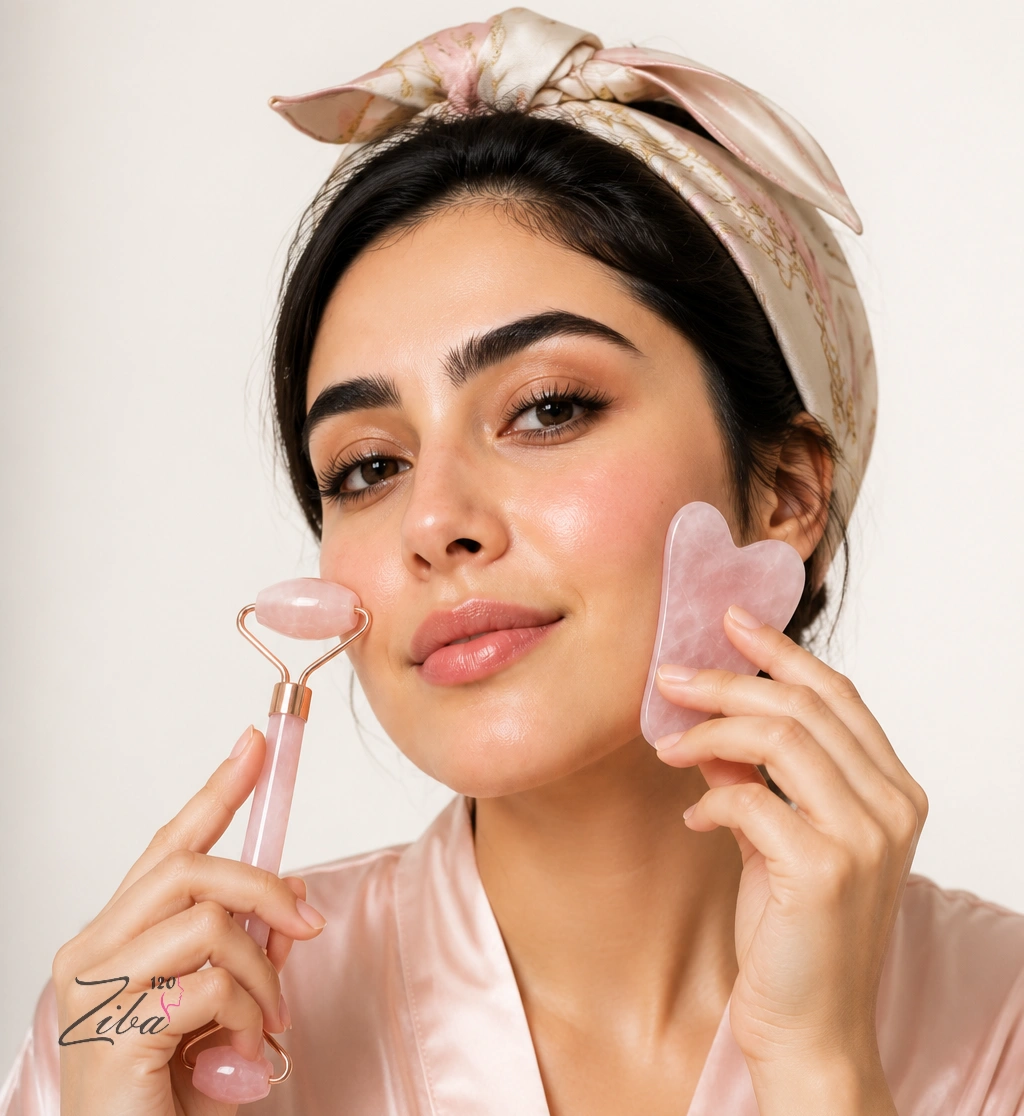 نحوه استفاده از جید رولر و سنگ گواشا رز کوارتز روی پوست صورت